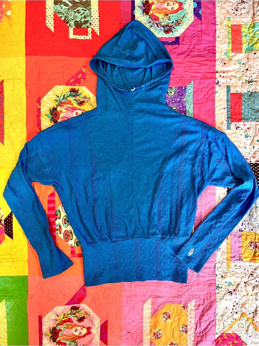 Free People Movement Bright Blue Heather Cable Knit Active Hoodie Top Sz M